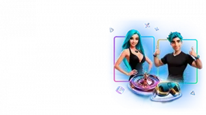 Изображение двух анимационных персонажей, мужчины и женщины, рекламирующих кэшбэк-бонус Леон с элементами казино и яркими неоновыми цветами.