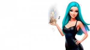 Изображение женского персонажа, держащего стопку монет, рекламирующего приветственный бонус в казино Leon в игривом и привлекательном стиле.